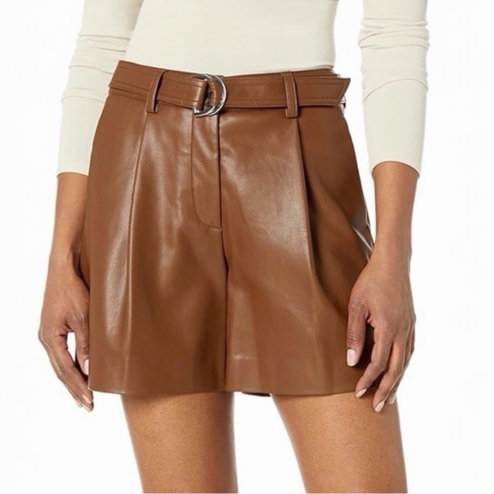 Rebecca Taylor Women’s Vegan Leather Belted Pleated High Rise Short Brown Size 4